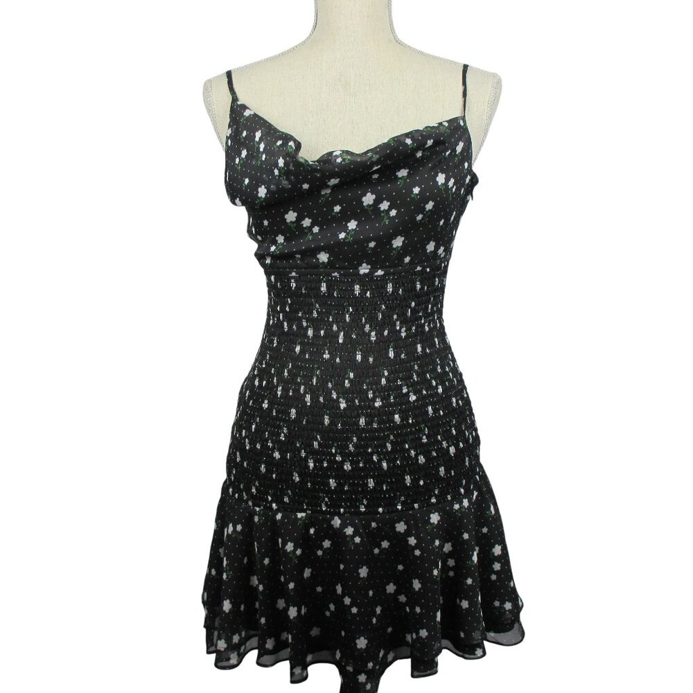 The East Order Anthropologie Womens Black Smocked Floral Print Mini Dress Xs